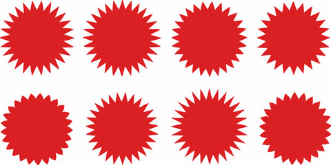 Eight red starburst shapes on a white background