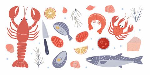 A vibrant collection of fresh seafood ingredients including lobster shrimp fish mussels and lemon slices arranged with a knife and dipping sauce