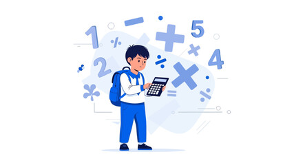 Illustration of a student using a calculator, educational and mathematical concept
