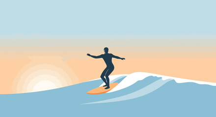 Illustration of a surfer catching a wave with a vibrant sunset background