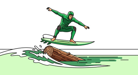 Illustration of a surfer jumping over log wave in the water with green colors and lines