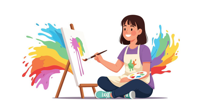 Illustration of Girl Painting a Canvas with Colorful Paint Splashes in Artistic Style