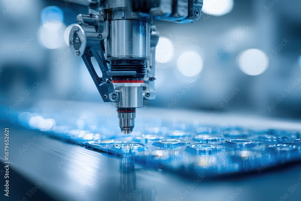 Poster automated precision arm working on components in a cutting-edge factory.