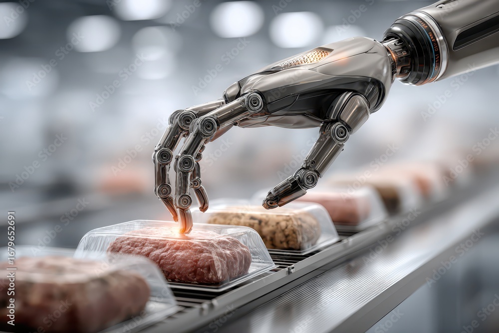 Poster robotic arm precisely handling packaged food on automated factory conveyor.