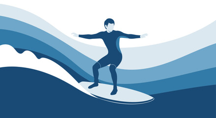 Illustration of a surfer riding a wave in the ocean with a minimalist style