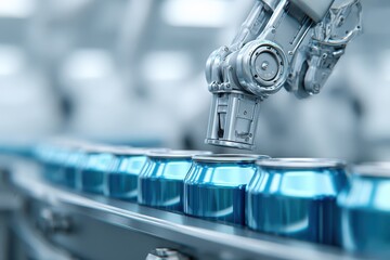 Robotic arm on a production line, filling or capping blue beverage cans
