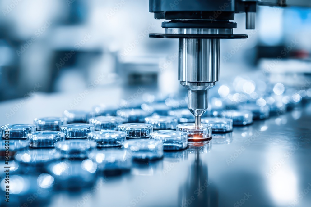 Poster automated precision manufacturing: robotic arm processes micro-components.