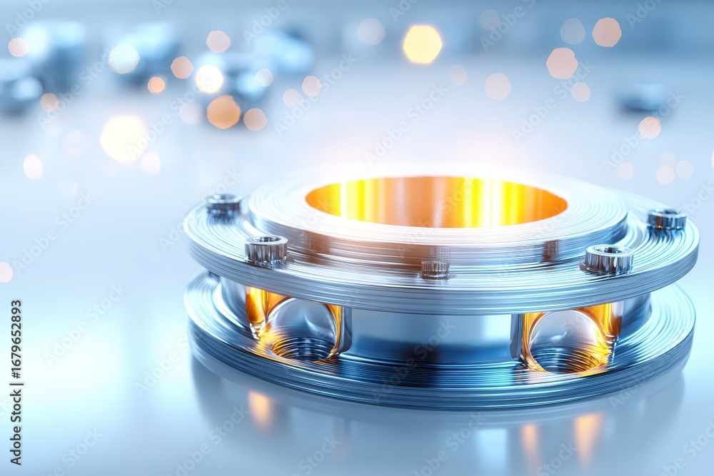 Poster high-tech abstract render of a gleaming metal flange with vibrant golden light and bokeh.