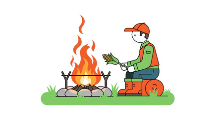 Illustration of Person Camping and Roasting Corn Over Campfire on White Background