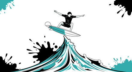 Illustration of a surfer riding a wave, a graphic minimalist design with ink splash effects