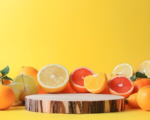 Vibrant Citrus Fruits on Wooden Display Stand Yellow Background