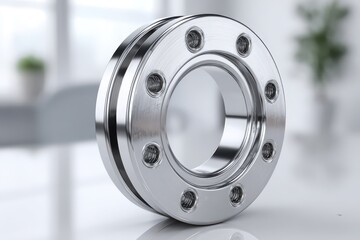 Detailed view of a metallic vacuum flange with fasteners for industrial use