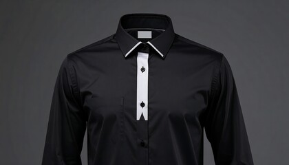 Close-up of a black dress shirt with white accents