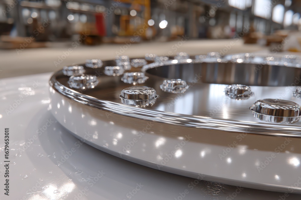 Poster gleaming chrome industrial flange with precision components in a modern factory setting.