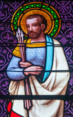 Obraz premium Stained glass (19th century) of Saint Sebastian Martyr and catholic Saint.