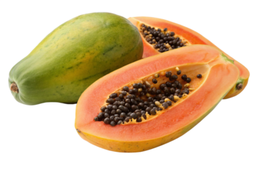 A Vibrant Display of Fresh Papaya Whole and Halved, Showcasing Juicy Orange Flesh and Black Seeds on a White Background