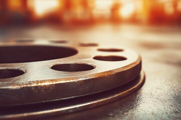 Textured metallic object with bolt holes illuminated by warm industrial glow.