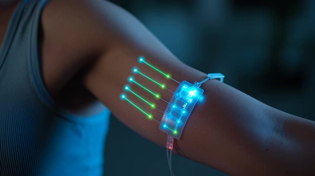 Close-up of a glowing, futuristic electronic skin patch on a person&rsquo;s arm, displaying biometric data and delivering medicine transdermally. Clean, sci-fi medical aesthetic.
