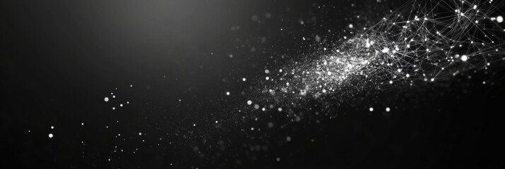 Abstract network of glowing dots and lines creates a sense of digital motion in a dark backdrop, evoking a feeling of technological advancement and innovation