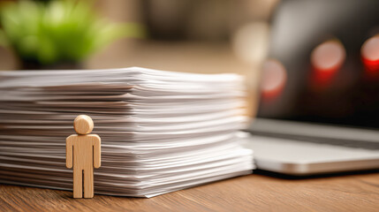 Stack of document wooden figure office desk laptop paperwork business stress workplace blurred background green plant