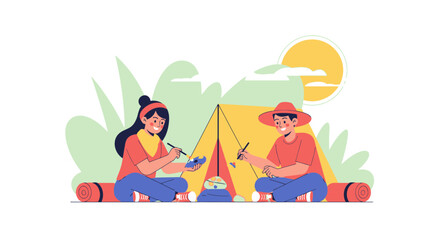 Illustration of two people camping and painting during a sunny day with tent