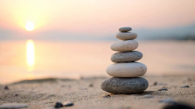 Ultra HD Zen stones stacked on the beach at sunset video, sense of balance video, balanced pebbles in the beach video, a stack of stones video