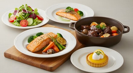 Variety of Delicious Meals Served on White Plates Ready to Eat
