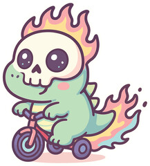 Obraz premium Whimsical Dinosaur Skeleton Riding a Tricycle with Pastel Flames: A Playful and Imaginative Illustration