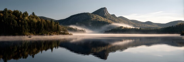 Fototapeta premium Majestic mountain peak reflected in tranquil lake, surrounded by lush forest and shrouded in soft morning mist, creating a serene and picturesque landscape