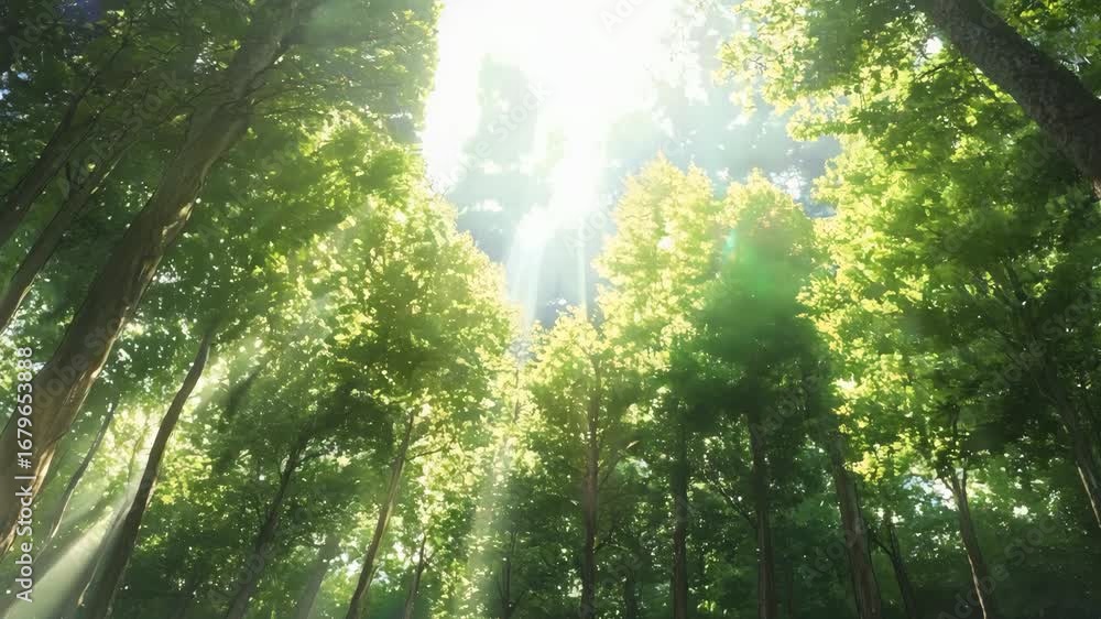 Aufkleber sunlight filters through a lush forest canopy, illuminating the vibrant greenery and creating a sere