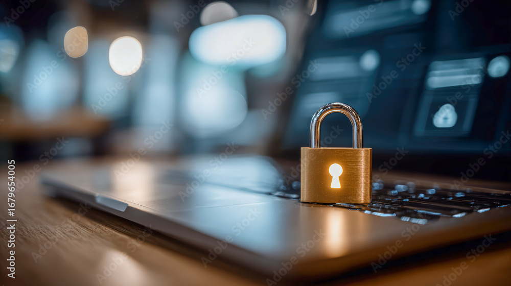 Poster padlock laptop cybersecurity data protection secure access technology digital security privacy encry