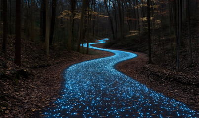 A captivating forest path glistens with numerous blue lights. Fallen leaves cover the ground, guiding the way through the dark. Trees line the path