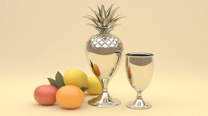 Elegant Silver Pineapple Pitcher Goblet and Colorful Eggs Still Life