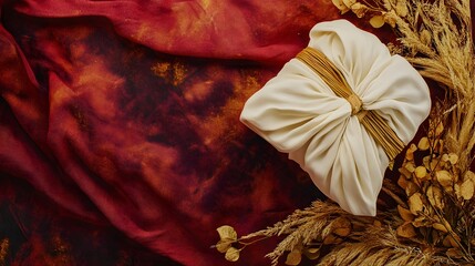 Elegant Autumn Gift Wrapped in Cream Fabric with Dried Flowers and Red Background