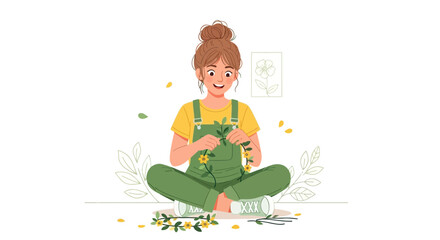 Illustrative Girl Making Floral Wreath, Nature-Inspired Art, Creative Hobby Illustration