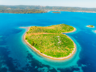 Aerial view of the Galesnjak island on the adriatic coast near  Zadar, Croatia. Heart shaped island...
