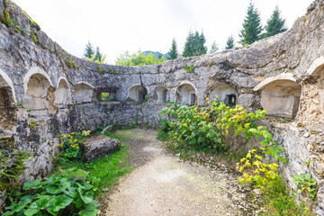 Ruined artillery battery of Sella Predil at the eastern shore of the Predil Lake, allowed...