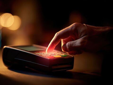 Hand Pressing Button on Payment Terminal in Dimly Lit Environment - Powered by Adobe