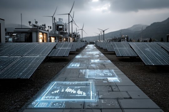 Solar panels, wind turbines, and data overlaid on a path. Industrial complex in the background
