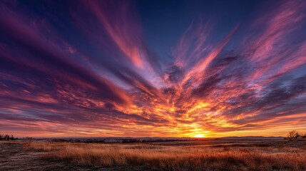Fototapeta premium Panoramic landscape of a fiery sunrise with dramatic clouds over a field.