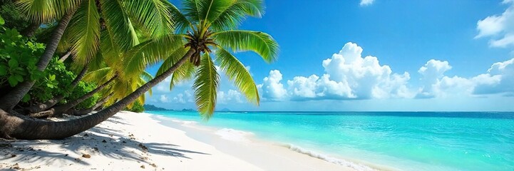 Fototapeta premium Lush green tropical island paradise with white sand beach, turquoise ocean, and swaying palm trees under a vibrant blue sky Perfect for travel, vacation, or holiday themes , colorful, sun, getaway