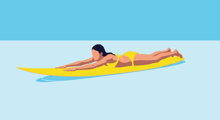 Obraz premium Illustration of a Woman Surfing on a Yellow Surfboard in the Ocean Under a Blue Sky