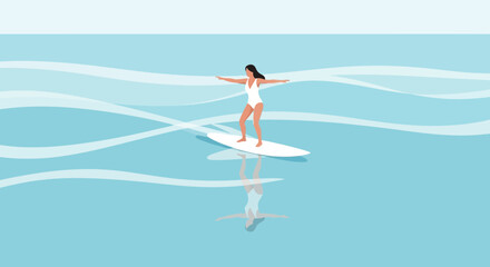 Naklejka premium Illustration of a woman surfing on the water with a bright summer sky and water reflection