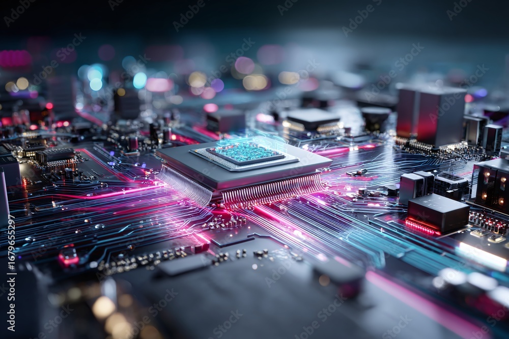 Poster advanced glowing processor on futuristic circuit board for tech ads