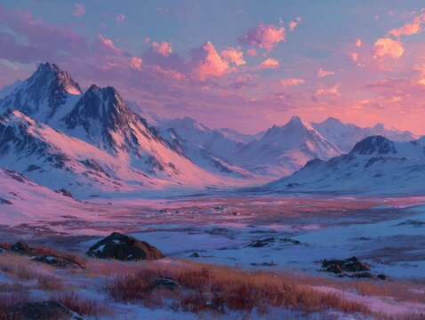 Snowy mountain range at dawn. Vast, snow-capped peaks stretch across a landscape of frosted plains, bathed in a soft pink and purple sunset