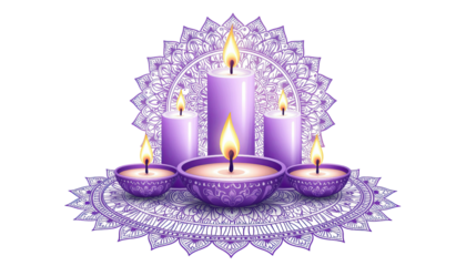 Decorative purple diya with glowing flames isolated on white background
