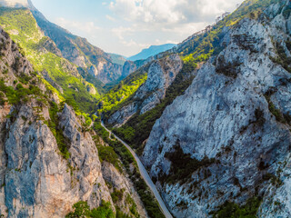  View of Sutjeska road in Bosnia and Hercegovina. Canon in Sutjeska  national park with towering rocks.