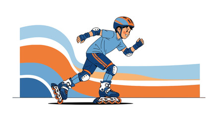 Illustration of a young boy inline skating with colorful background art design