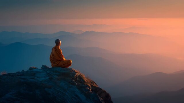 Ultra HD A serene monk meditating on a mountain peak at sunset video, a monk practicing yoga on a mountain video, monk meditating video