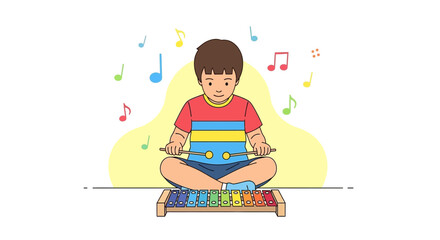 Illustration of a young boy playing a musical instrument xylophone in a studio